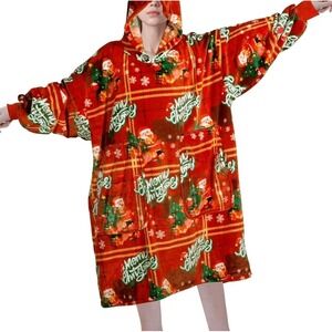 Christmas Oversized Flannel Wearable Blanket Hoodie for Adults, One Size